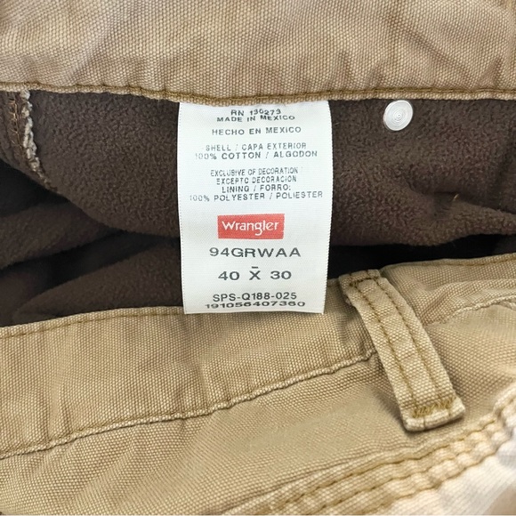 Wrangler Fleece Lined Carpenter Pants in Khaki Authentic Workwear Warm 40x30 - Picture 3 of 10